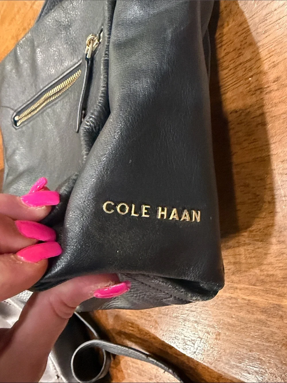 Cole Haan Black Pebbled Leather Shoulder Bag with Gold Accent